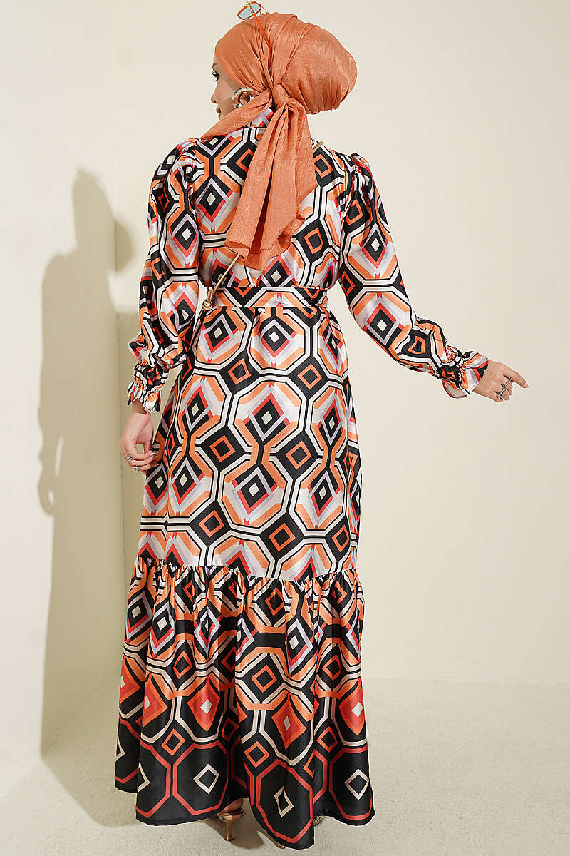 Geometric Pattern Satin Dress Black - Image 3