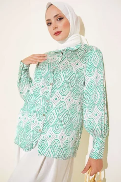 Geometric Ethnic Patterned Shirt Green