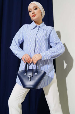 Striped Hidden Button Tunic Two-Piece Set Blue