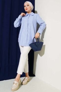 Alternative view of Striped Hidden Button Tunic Two-Piece Set Blue