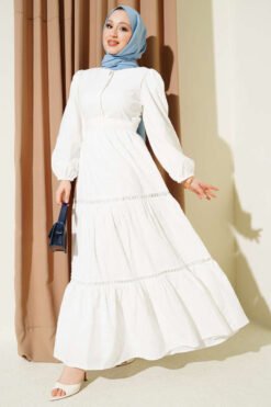 Hidden Button Belted Dress White