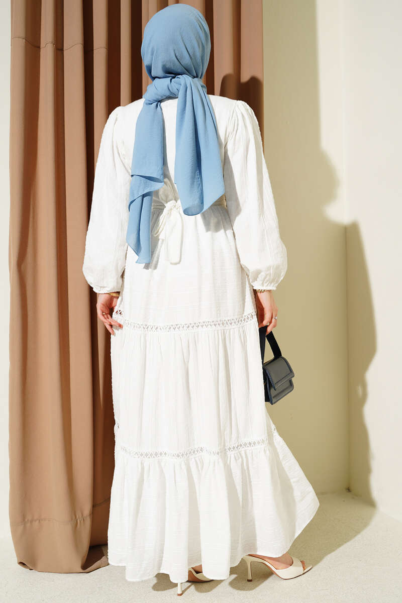 Hidden Button Belted Dress White – Image 3