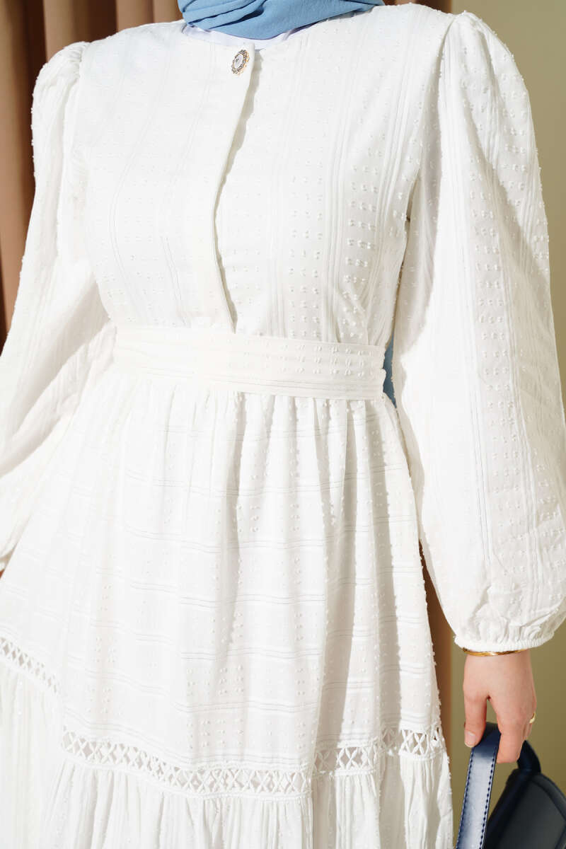 Hidden Button Belted Dress White – Image 4