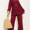 Two-Piece Set with Ribbed Detail Blouse and Hem Edge Burgundy - الصورة 5