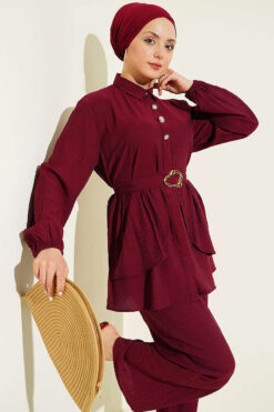 Alternative view of Hidden Button Belted Two-Piece Tunic Set Burgundy