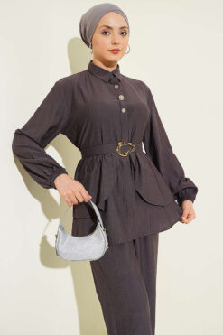 Alternative view of Hidden Button Belted Two-Piece Tunic Set Smoke