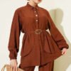 Hidden Button Belted Two-Piece Tunic Set Brown - Imagen 2
