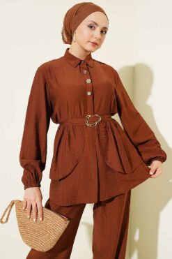 Alternative view of Hidden Button Belted Two-Piece Tunic Set Brown