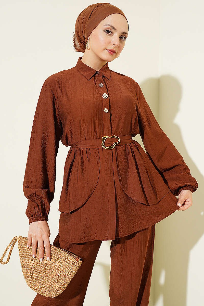 Hidden Button Belted Two-Piece Tunic Set Brown - Imagen 2