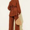 Hidden Button Belted Two-Piece Tunic Set Brown - Imagen 3