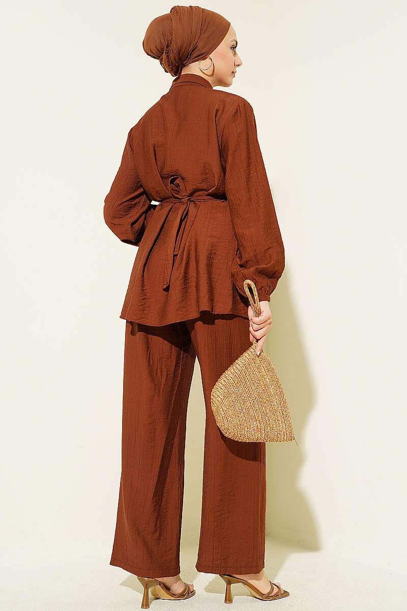 Hidden Button Belted Two-Piece Tunic Set Brown - Imagen 3