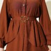 Hidden Button Belted Two-Piece Tunic Set Brown - Imagen 4