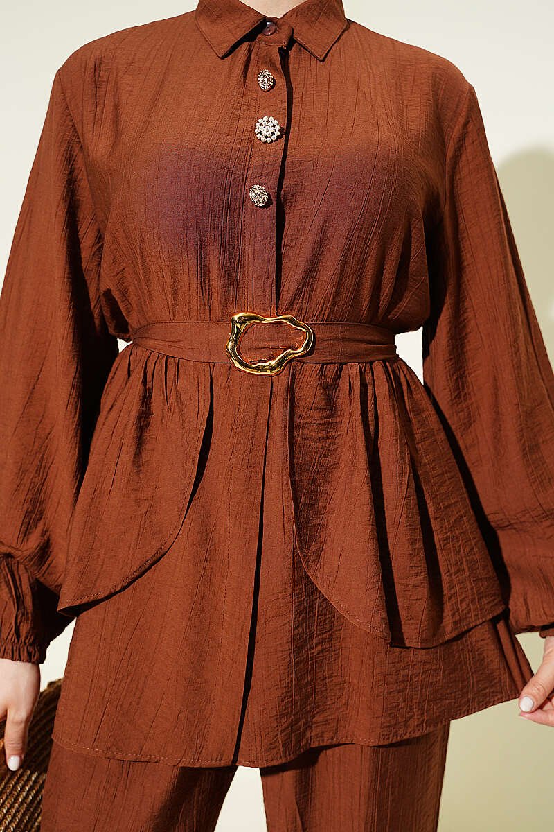 Hidden Button Belted Two-Piece Tunic Set Brown - Imagen 4