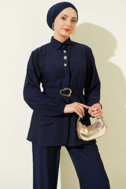 Alternative view of Hidden Button Belted Two-Piece Tunic Set Navy Blue