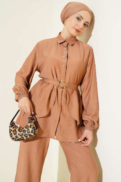 Alternative view of Hidden Button Belted Two-Piece Tunic Set Latte