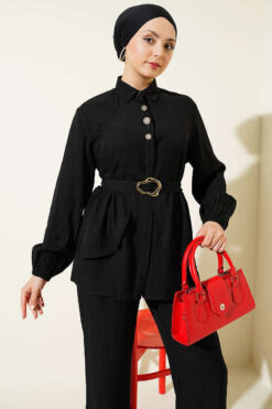 Alternative view of Hidden Button Belted Two-Piece Tunic Set Black