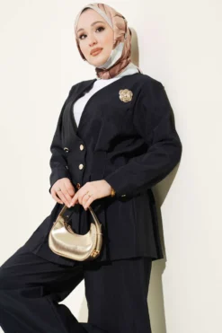 Vista alternativa de Gold Buttoned Waist Belted Two-Piece Set Navy Blue