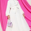 Buttoned Front Tied Skirt Set Ecru