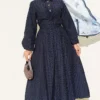 Buttoned Front Tied Skirt Set Navy Blue