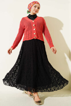 Alternative view of Short Knit Cardigan with Gold Buttons and Openwork Detail Coral
