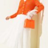 Short Knit Cardigan with Gold Buttons and Openwork Detail Orange – Image 2
