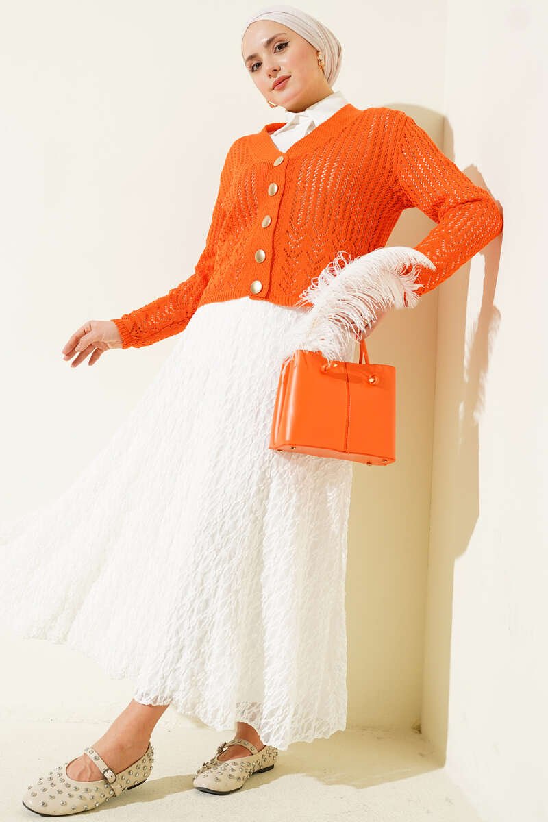 Short Knit Cardigan with Gold Buttons and Openwork Detail Orange – Image 2