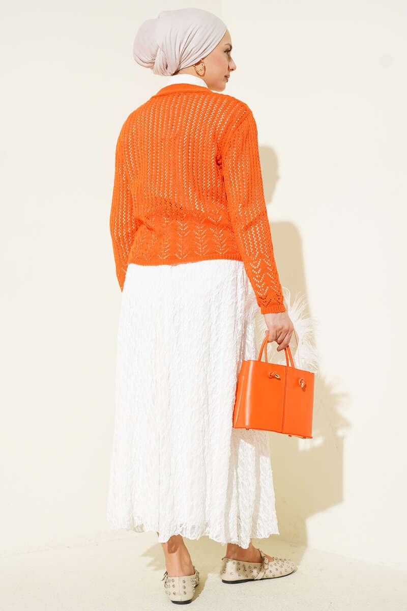 Short Knit Cardigan with Gold Buttons and Openwork Detail Orange – Image 3