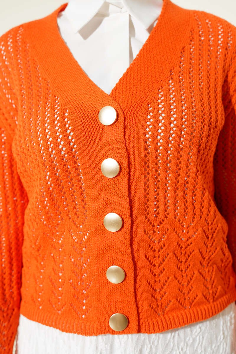 Short Knit Cardigan with Gold Buttons and Openwork Detail Orange – Image 4