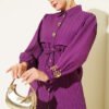 Button-Down Waist Tunic Shirt with Hem Edge Purple