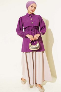 Alternative view of Button-Down Waist Tunic Shirt with Hem Edge Purple