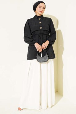 Alternative view of Button-Down Waist Tunic Shirt with Hem Edge Black