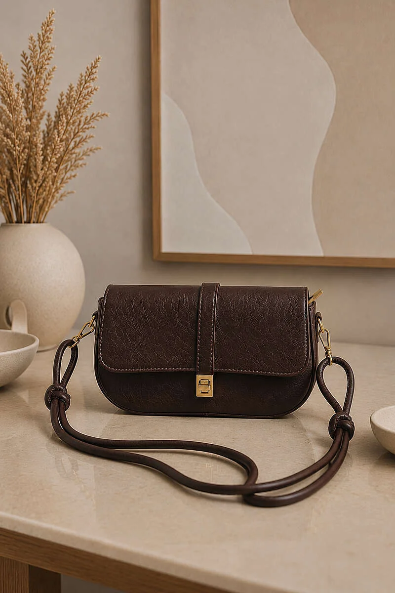 Women's Handbag with Gold Lock Detail Dark Brown
