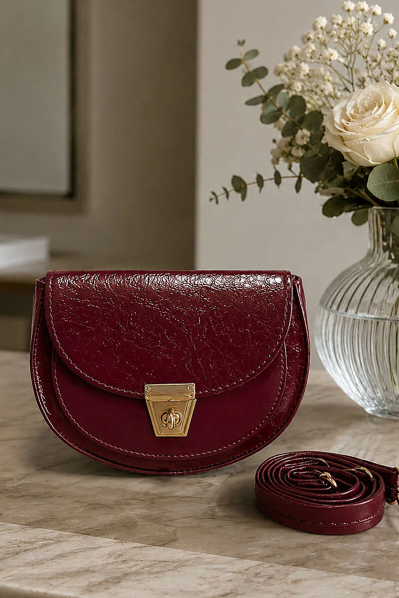 Gold Lock-Closure Women's Hand Bag Burgundy