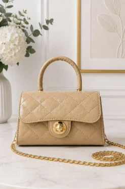 Gold Lock Closure Women's Handbag Beige