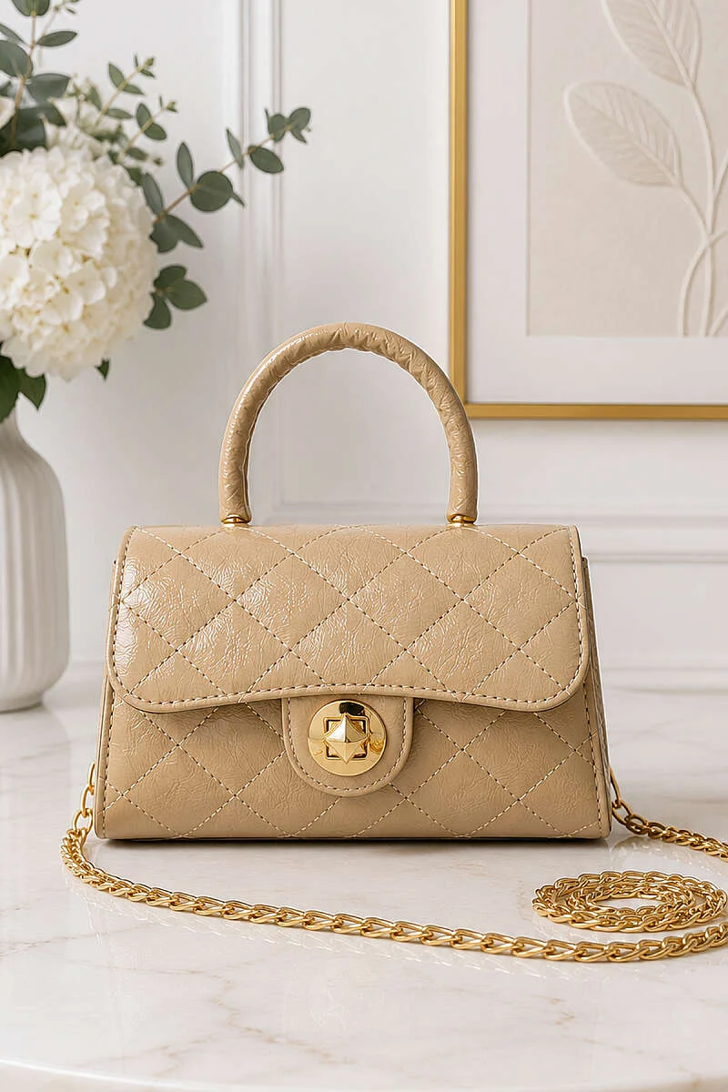Gold Lock Closure Women's Handbag Beige