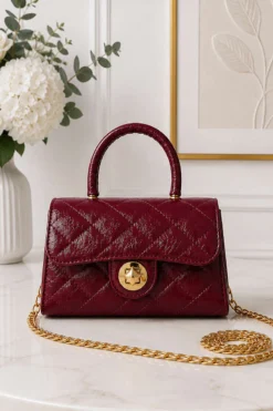Gold Lock Closure Women's Handbag Burgundy
