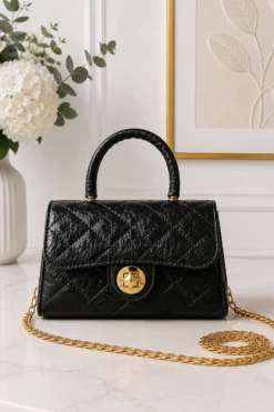 Gold Lock Closure Women's Handbag Black