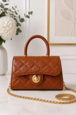 Gold Lock Closure Women's Handbag Tan