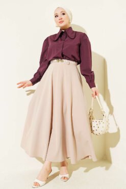 Alternative view of Gold Buckle Belted Mevlana Hem Edge Two-Piece Set Beige