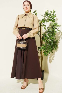 Alternative view of Gold Buckle Belted Mevlana Hem Edge Two-Piece Set Brown