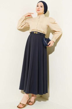 Alternative view of Gold Buckle Belted Mevlana Hem Edge Two-Piece Set Navy Blue