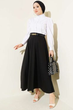 Alternative view of Gold Buckle Belted Mevlana Hem Edge Two-Piece Set Black