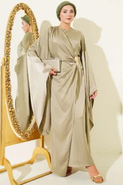 Wide Sleeve Satin Evening Dress with Gold Buckle Gold