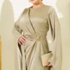 Wide Sleeve Satin Evening Dress with Gold Buckle Gold - Afbeelding 2