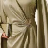 Wide Sleeve Satin Evening Dress with Gold Buckle Gold - Afbeelding 4
