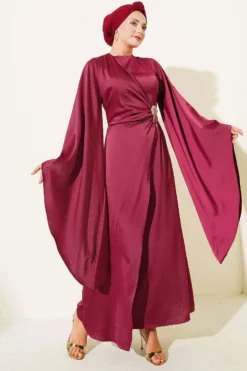 Wide Sleeve Satin Evening Dress with Gold Buckle Burgundy