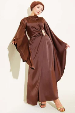 Wide Sleeve Satin Evening Dress with Gold Buckle Brown