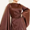 Wide Sleeve Satin Evening Dress with Gold Buckle Brown – Bild 2