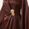 Wide Sleeve Satin Evening Dress with Gold Buckle Brown – Bild 4