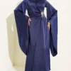 Wide Sleeve Satin Evening Dress with Gold Buckle Navy Blue